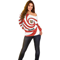 Bahrain Tribal Camel Off Shoulder Sweater with Red Mosaic Swirl and Heritage Slogan
