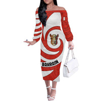 Bahrain Tribal Camel Off The Shoulder Long Sleeve Dress with Red Mosaic Swirl and Heritage Slogan