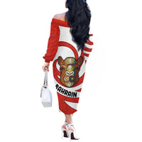 Bahrain Tribal Camel Off The Shoulder Long Sleeve Dress with Red Mosaic Swirl and Heritage Slogan