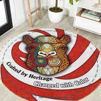 Bahrain Tribal Camel Round Carpet with Red Mosaic Swirl and Heritage Slogan