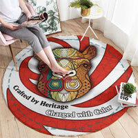 Bahrain Tribal Camel Round Carpet with Red Mosaic Swirl and Heritage Slogan