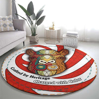 Bahrain Tribal Camel Round Carpet with Red Mosaic Swirl and Heritage Slogan