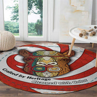 Bahrain Tribal Camel Round Carpet with Red Mosaic Swirl and Heritage Slogan
