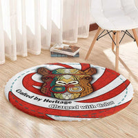 Bahrain Tribal Camel Round Carpet with Red Mosaic Swirl and Heritage Slogan