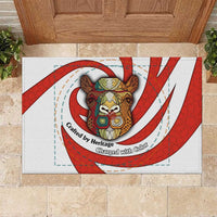 Bahrain Tribal Camel Rubber Doormat with Red Mosaic Swirl and Heritage Slogan