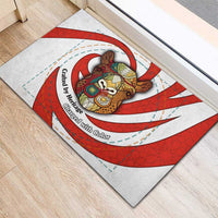 Bahrain Tribal Camel Rubber Doormat with Red Mosaic Swirl and Heritage Slogan