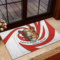 Bahrain Tribal Camel Rubber Doormat with Red Mosaic Swirl and Heritage Slogan