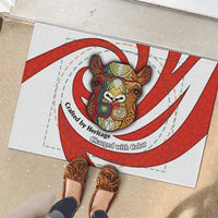 Bahrain Tribal Camel Rubber Doormat with Red Mosaic Swirl and Heritage Slogan