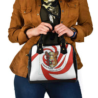 Bahrain Tribal Camel Shoulder Handbag with Red Mosaic Swirl and Heritage Slogan