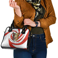 Bahrain Tribal Camel Shoulder Handbag with Red Mosaic Swirl and Heritage Slogan