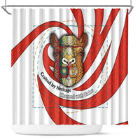 Bahrain Tribal Camel Shower Curtain with Red Mosaic Swirl and Heritage Slogan