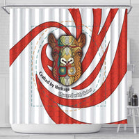 Bahrain Tribal Camel Shower Curtain with Red Mosaic Swirl and Heritage Slogan