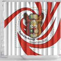 Bahrain Tribal Camel Shower Curtain with Red Mosaic Swirl and Heritage Slogan