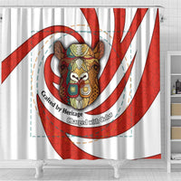 Bahrain Tribal Camel Shower Curtain with Red Mosaic Swirl and Heritage Slogan