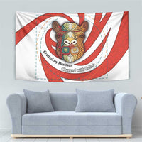 Bahrain Tribal Camel Tapestry with Red Mosaic Swirl and Heritage Slogan