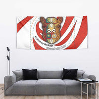 Bahrain Tribal Camel Tapestry with Red Mosaic Swirl and Heritage Slogan