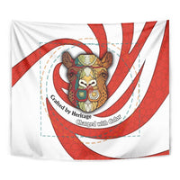 Bahrain Tribal Camel Tapestry with Red Mosaic Swirl and Heritage Slogan