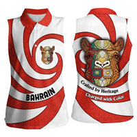 Bahrain Tribal Camel Women Sleeveless Polo Shirt with Red Mosaic Swirl and Heritage Slogan