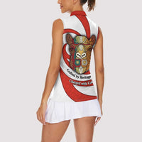 Bahrain Tribal Camel Women Sleeveless Polo Shirt with Red Mosaic Swirl and Heritage Slogan