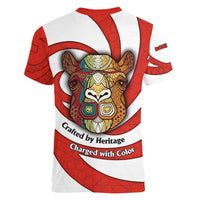 Bahrain Tribal Camel Women V-Neck T-Shirt with Red Mosaic Swirl and Heritage Slogan