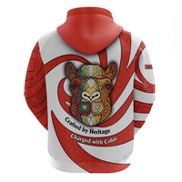 Bahrain Tribal Camel Zip Hoodie with Red Mosaic Swirl and Heritage Slogan