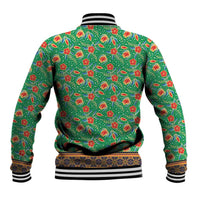 Traditional Malaysian Batik Floral Baseball Jacket with Green Tulip and Red Blossom Pattern