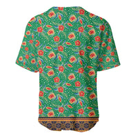 Traditional Malaysian Batik Floral Baseball Jersey with Green Tulip and Red Blossom Pattern