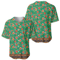 Traditional Malaysian Batik Floral Baseball Jersey with Green Tulip and Red Blossom Pattern