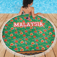 Traditional Malaysian Batik Floral Beach Blanket with Green Tulip and Red Blossom Pattern