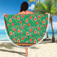 Traditional Malaysian Batik Floral Beach Blanket with Green Tulip and Red Blossom Pattern