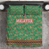 Traditional Malaysian Batik Floral Bedding Set with Green Tulip and Red Blossom Pattern