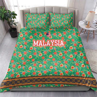 Traditional Malaysian Batik Floral Bedding Set with Green Tulip and Red Blossom Pattern