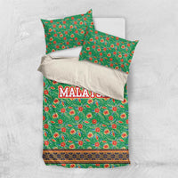 Traditional Malaysian Batik Floral Bedding Set with Green Tulip and Red Blossom Pattern