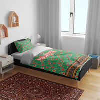 Traditional Malaysian Batik Floral Bedding Set with Green Tulip and Red Blossom Pattern