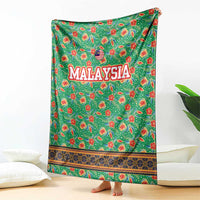 Traditional Malaysian Batik Floral Blanket with Green Tulip and Red Blossom Pattern