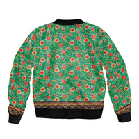 Traditional Malaysian Batik Floral Bomber Jacket with Green Tulip and Red Blossom Pattern
