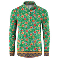 Traditional Malaysian Batik Floral Button Sweatshirt with Green Tulip and Red Blossom Pattern