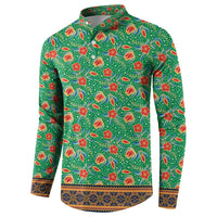 Traditional Malaysian Batik Floral Button Sweatshirt with Green Tulip and Red Blossom Pattern