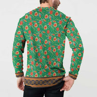Traditional Malaysian Batik Floral Button Sweatshirt with Green Tulip and Red Blossom Pattern