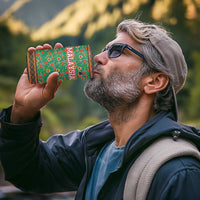 Traditional Malaysian Batik Floral 4 in 1 Can Cooler Tumbler with Green Tulip and Red Blossom Pattern