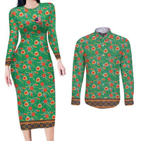 Traditional Malaysian Batik Floral Couples Matching Long Sleeve Bodycon Dress and Long Sleeve Button Shirt with Green Tulip and Red Blossom Pattern