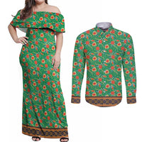 Traditional Malaysian Batik Floral Couples Matching Off Shoulder Maxi Dress and Long Sleeve Button Shirt with Green Tulip and Red Blossom Pattern