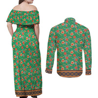 Traditional Malaysian Batik Floral Couples Matching Off Shoulder Maxi Dress and Long Sleeve Button Shirt with Green Tulip and Red Blossom Pattern