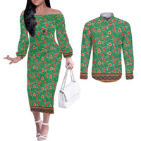 Traditional Malaysian Batik Floral Couples Matching Off The Shoulder Long Sleeve Dress and Long Sleeve Button Shirt with Green Tulip and Red Blossom Pattern