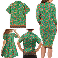Traditional Malaysian Batik Floral Family Matching Long Sleeve Bodycon Dress and Hawaiian Shirt with Green Tulip and Red Blossom Pattern