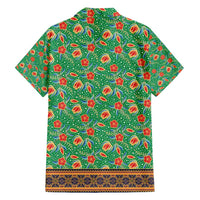 Traditional Malaysian Batik Floral Family Matching Long Sleeve Bodycon Dress and Hawaiian Shirt with Green Tulip and Red Blossom Pattern