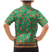 Traditional Malaysian Batik Floral Family Matching Mermaid Dress and Hawaiian Shirt with Green Tulip and Red Blossom Pattern