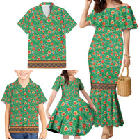 Traditional Malaysian Batik Floral Family Matching Mermaid Dress and Hawaiian Shirt with Green Tulip and Red Blossom Pattern