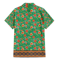 Traditional Malaysian Batik Floral Family Matching Mermaid Dress and Hawaiian Shirt with Green Tulip and Red Blossom Pattern