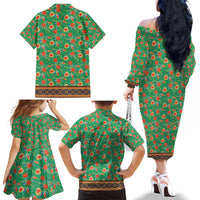 Traditional Malaysian Batik Floral Family Matching Off The Shoulder Long Sleeve Dress and Hawaiian Shirt with Green Tulip and Red Blossom Pattern